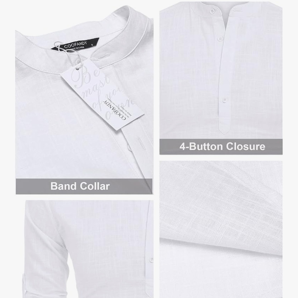 Coofandy White Cotton Linen Henley T-shirt - Picture 5 of 8